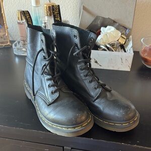 Dr. Martens Black Vegan Leather Boots with Yellow Stitching